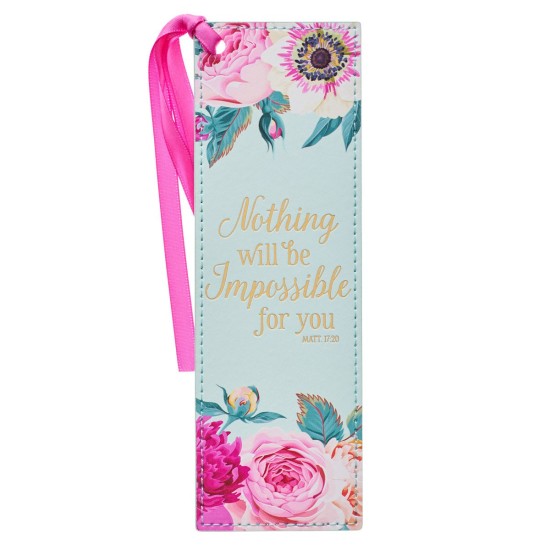 Nothing Will Be Impossible Pink Floral Faux Leather Bookmark - Matthew 17:20