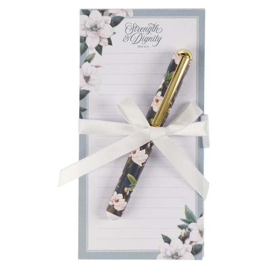 Strength and Dignity Blush Magnolia Magnetic Notepad and Pen Set - Proverbs 31:25