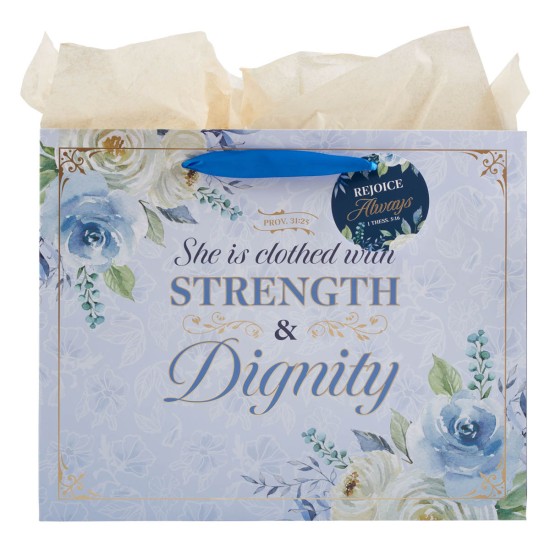 Strength and Dignity Blue Roses Large Landscape Gift Bag - Proverbs 31:25