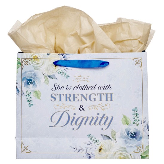 Strength and Dignity Blue Roses Large Landscape Gift Bag - Proverbs 31:25