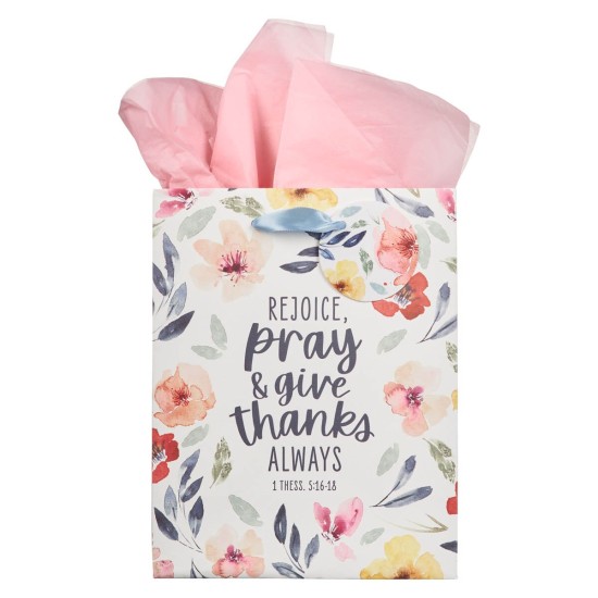 Rejoice Bright Floral Large Portrait Gift Bag - 1 Thessalonians 5:16-18