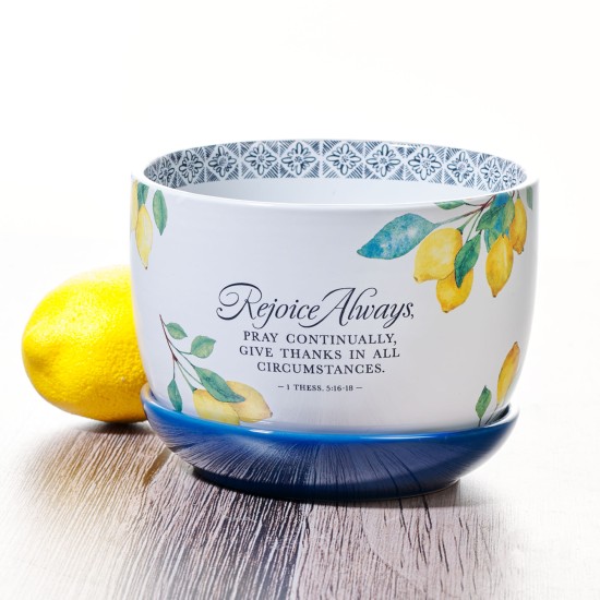 Rejoice Always Lemon Ceramic Planter with Saucer - 1 Thessalonians 5:16-18