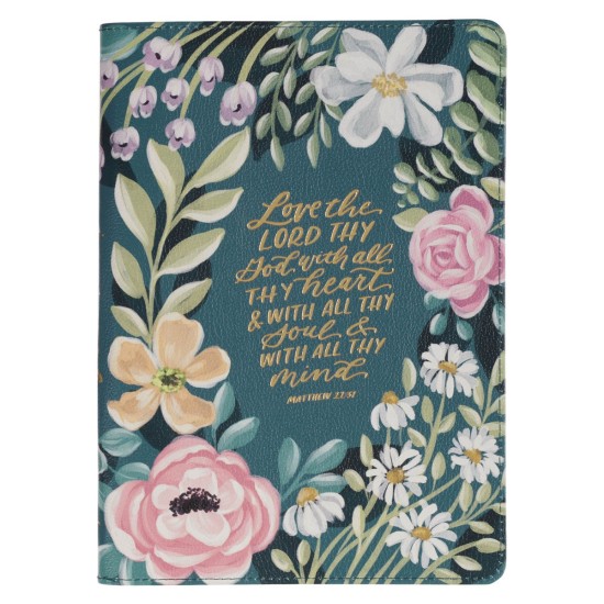 Love the Lord Teal Floral Faux Leather Journal with Zipper Closure - Matthew 22:37