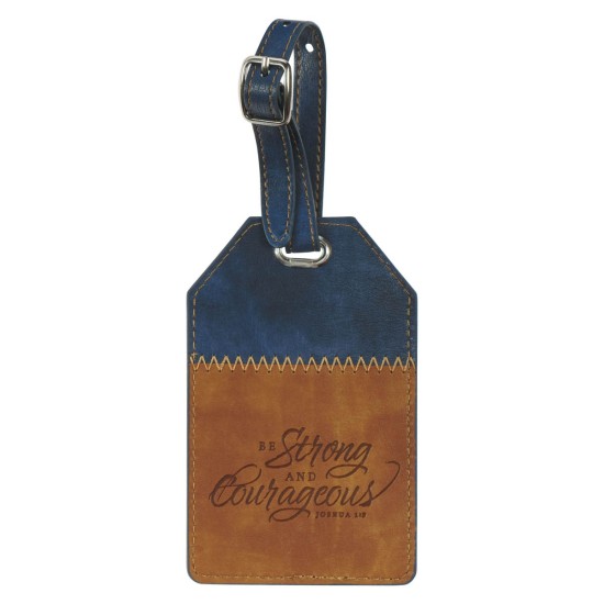 Strong and Courageous Butterscotch and Navy Faux Leather Luggage Tag - Joshua 1:9