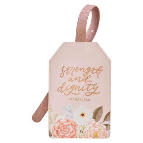 The Strength and Dignity Blush Pink Floral Faux Leather Luggage Tag - Proverbs 31:25