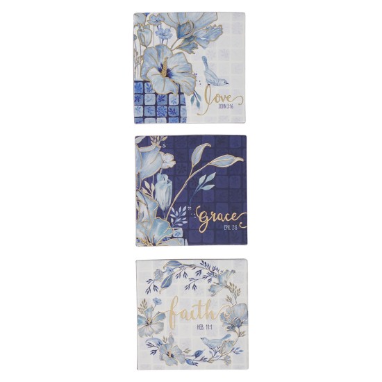 Love, Grace, Faith Blue Floral Tile Magnet Set