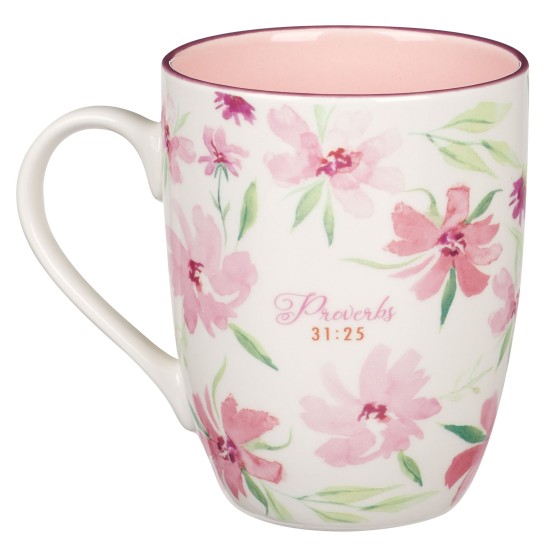 Strength and Dignity Pink Blossom Ceramic Coffee Mug - Proverbs 31:25