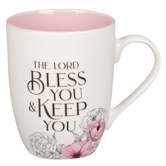 Bless You and Keep You Pink Floral Ceramic Coffee Mug - Numbers 6:24