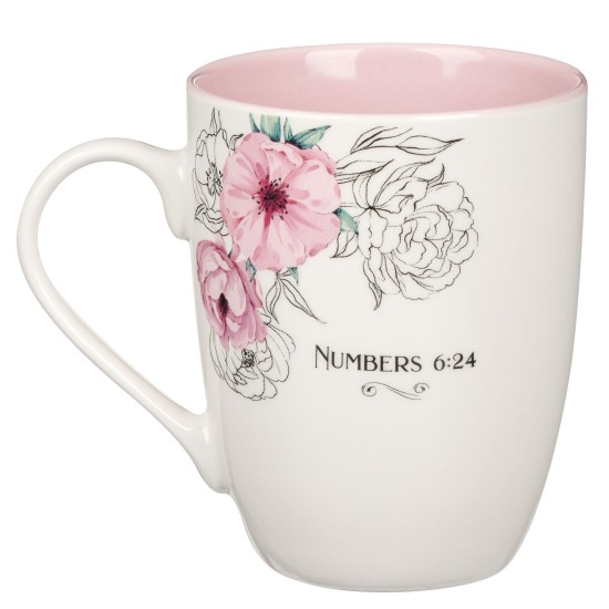 Bless You and Keep You Pink Floral Ceramic Coffee Mug - Numbers 6:24