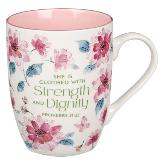 Strength and Dignity Pink Floral Ceramic Coffee Mug - Proverbs 31:25