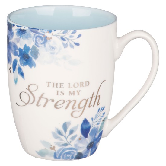 The Lord is My Strength Blue Floral Ceramic Coffee Mug - Psalm 28:7