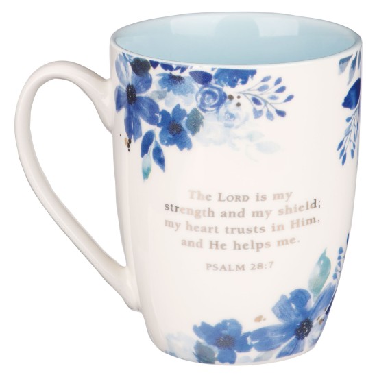 The Lord is My Strength Blue Floral Ceramic Coffee Mug - Psalm 28:7