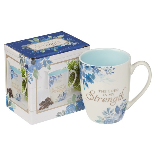 The Lord is My Strength Blue Floral Ceramic Coffee Mug - Psalm 28:7