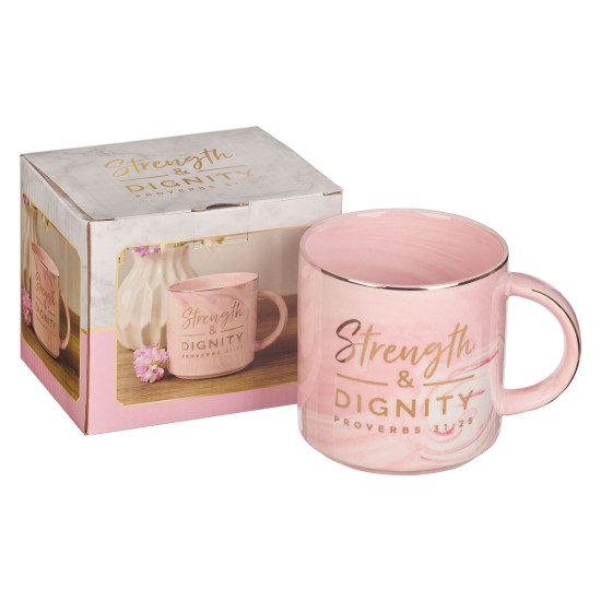 Strength and Dignity Pink Marbled Ceramic Coffee Mug - Proverbs 31:25