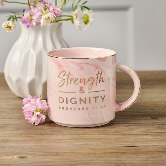 Strength and Dignity Pink Marbled Ceramic Coffee Mug - Proverbs 31:25