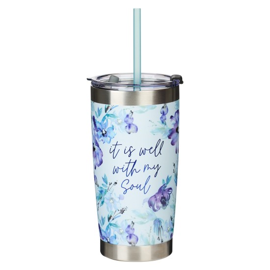 It Is Well With My Soul Purple Posies Stainless Steel Travel Mug with Reusable Straw