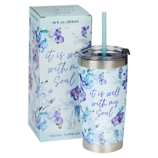 It Is Well With My Soul Purple Posies Stainless Steel Travel Mug with Reusable Straw