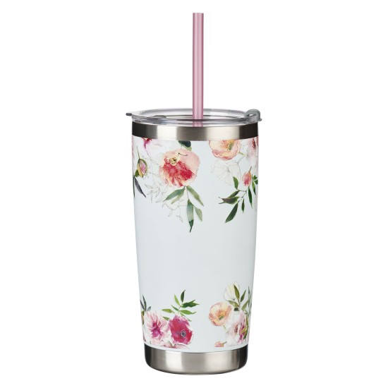 Bless You and Keep You White Floral Stainless Steel Travel Tumbler with Straw - Numbers 6:24-25