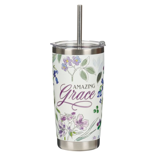 Amazing Grace Purple Floral Stainless Steel Travel Tumbler with Stainless Steel Straw