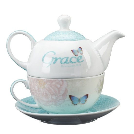 Grace Blue Butterfly Blessings Tea Set for One - Ephesians 2:8