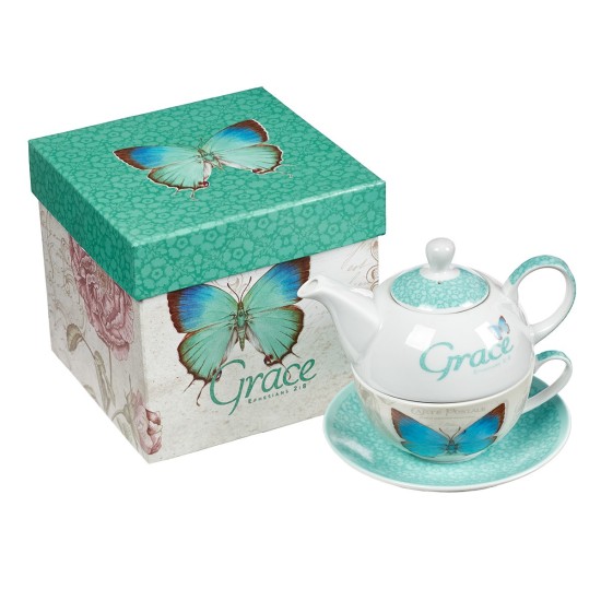 Grace Blue Butterfly Blessings Tea Set for One - Ephesians 2:8