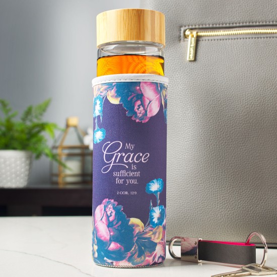 My Grace is Sufficient Glass Water Bottle with Bamboo Lid and Sleeve - 2 Corinthians 12:9