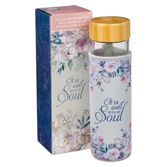 Well With My Soul Hymn Glass Water Bottle with Bamboo Lid and Sleeve