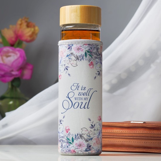 Well With My Soul Hymn Glass Water Bottle with Bamboo Lid and Sleeve