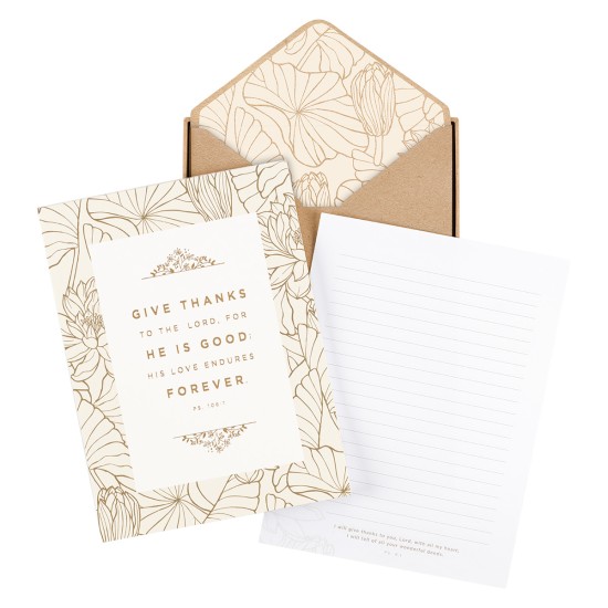 Give Thanks White and Gold Writing Paper and Envelope Set - Psalm 106:1