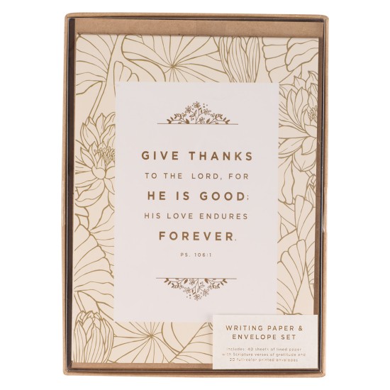 Give Thanks White and Gold Writing Paper and Envelope Set - Psalm 106:1