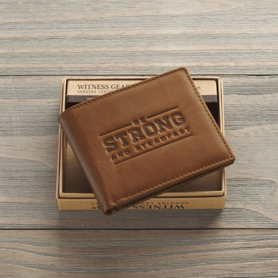 Be Strong and Steadfast Chestnut Brown Full Grain Leather Wallet - Deuteronomy 31:6